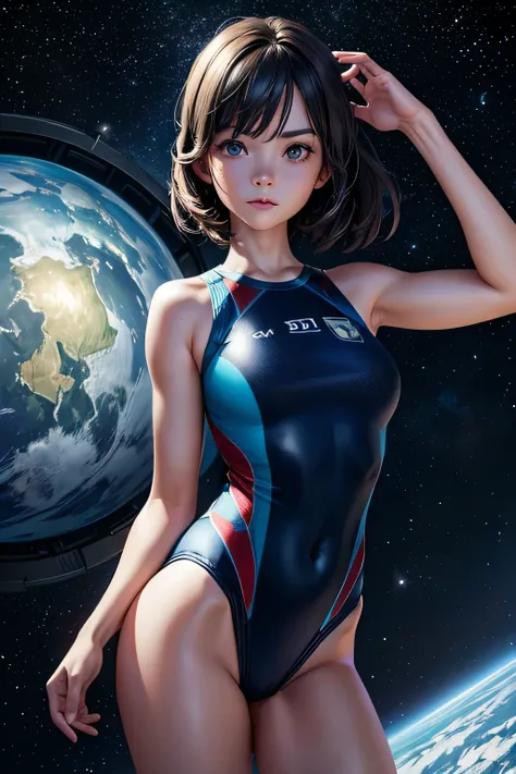 an alien female standing in a spaceship, looking ahead, starry sky with a blue planet in the background, shooting star, space, (realistic face), half body, sport swimsuit,