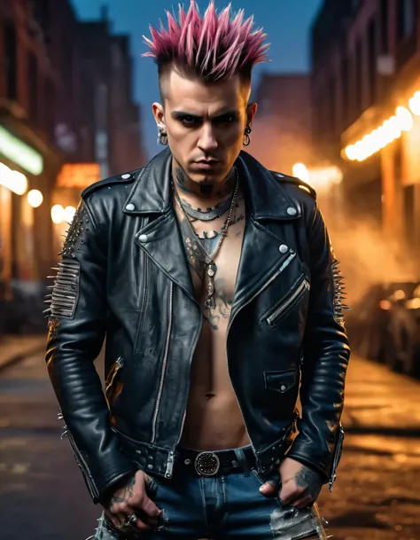 (best quality,4k,8k,highres,masterpiece:1.2),ultra-detailed,(realistic,photorealistic,photo-realistic:1.37),portrait of a punk rock man with a rebellious attitude,wearing ripped jeans and a leather jacket,spiked hair,multiple piercings,intense gaze,moody l...