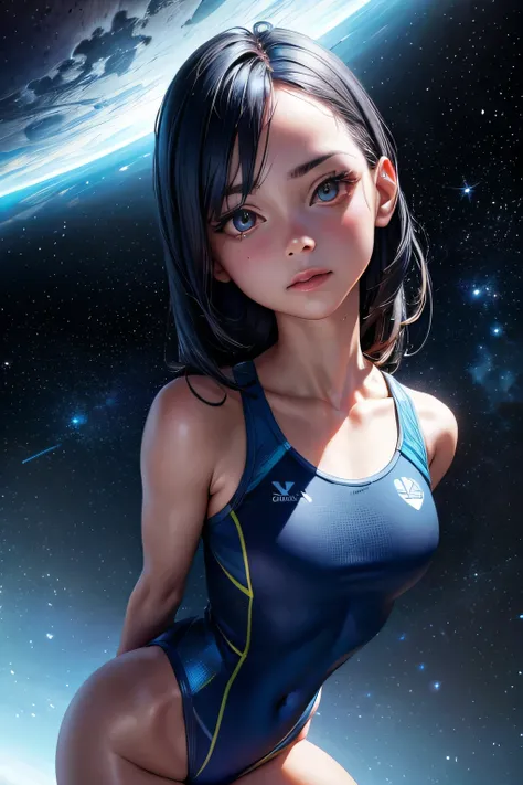 an alien female standing in a spaceship, looking ahead, starry sky with a blue planet in the background, shooting star, space, (realistic face), half body, sport swimsuit,