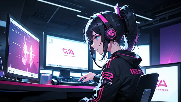 A woman wearing a headset engrossed in playing a game on a computer。I play using a mouse and keyboard。Neon Gamer Space。