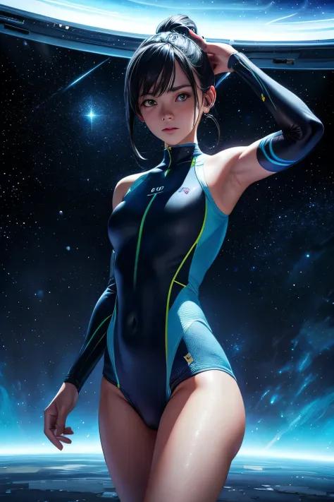 an alien female standing in a spaceship, looking ahead, starry sky with a blue planet in the background, shooting star, space, (realistic face), half body, sport swimsuit,