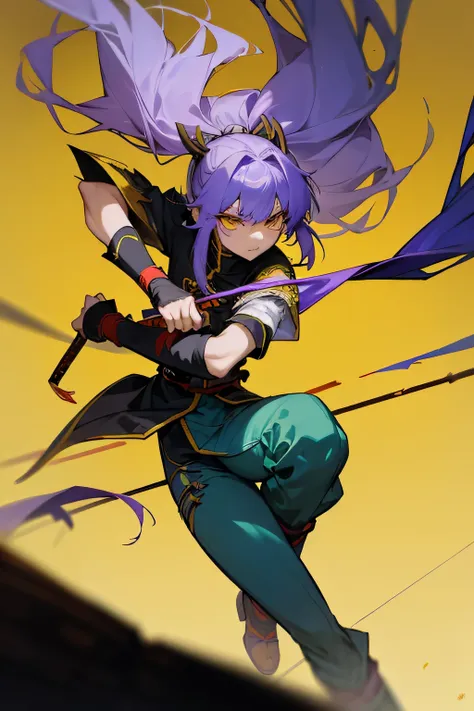 Anime character with demon slayer characteristics. gender neutral, Cao Cao, long hair tied with short white and lilac bangs. amber eyes. Twig scars on arms. Hunter squad uniform with torn pants and chest stripe. Two katanas on both arms yellow color.