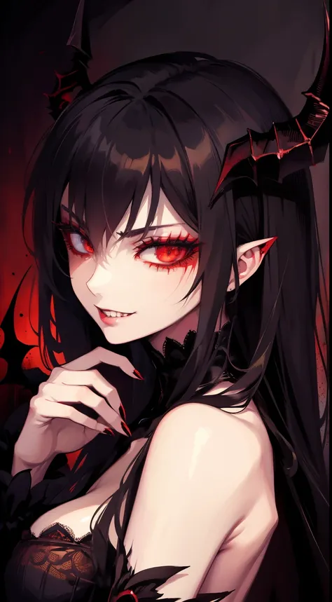 (masterpiece), dark arts, demonic atmosphere, feminine, beautiful detailed eyes, beautiful detailed lips, extremely detailed face, sharp focus, evil smile, vivid colors, fine art painting, horror, gothic, low-key lighting, color tone red, detailed makeup, ...