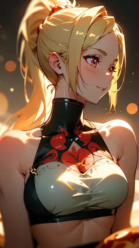 1 girl、8k、Sharp focus、(Bokeh) (Highest quality) (Detailed skin:1.3) (Intricate details) (anime)、blonde、ponytail、Round red eyes、Expose your shoulders、Glowing Skin、Tube top bra、profile、Upper body close-up、smile、pizza