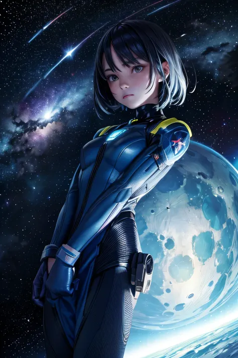 an alien female holding a space artifact, looking at the artifact, starry sky with a blue planet in the background, shooting star, space, (realistic face), half body,