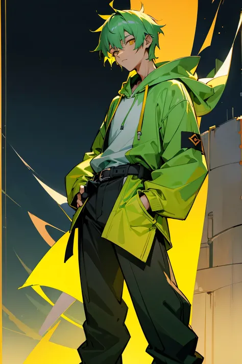 Male, young teen, Green hair, Yellow eyes, Yukata, Black belt, Hoodie, Tower Background, hands in Pockets.