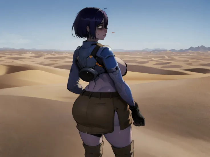 1girl, 1girl standing posing in the desert,  Over-the-Knee Socks ,Wind, outdoors, wild wasteland,Blue sky, skindentation,, 、sweating profusely, sagging breasts , backbelly, from behind, Bags under eyes (tired emotions:1.2)