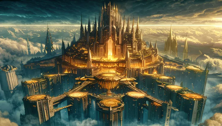 a close up of a city in the sky with a lot of clouds, cathedral of sun, huge futuristic temple city, big and structured valhalla...