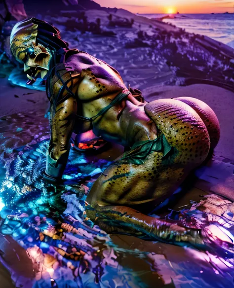 a beautiful detailed (((a Female Yautja (the alien from the movie PREDATOR)))) (((( In this photo here Showing off her perfect body and ass at the beach))))))))) with a front and back shot in very revealing armor)))))here seductively showing her big breast...