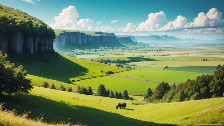 green field, clear skies, grasslands, fantasy, medieval fantasy,