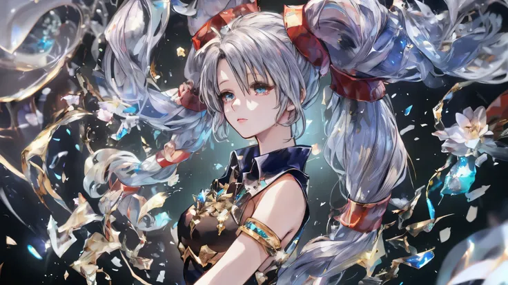 Twin tails,beautiful girl,thunder,lightning,magic,Particles of light,(Highest quality, High resolution:1.2),Mysterious atmosphere,Dynamic pose,High detail,Jewelry goods,bracelet,Red Gemstone Pendant,Almond Eyes, Exquisite eye makeup, Long eyelashes flutter...