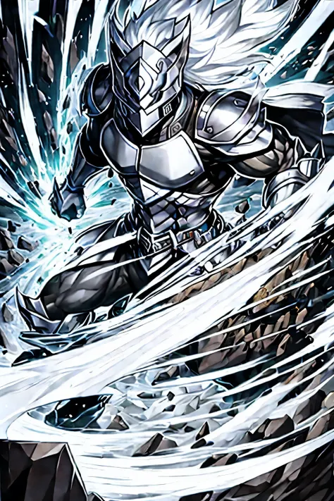 silver male masked warrior overflowing rock power