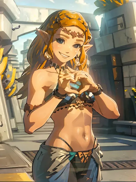 ((masterpiece)), ((best quality)), (detailed), perfect, solo, zelda, gorgeous woman, heart hands
own hands together, looking at ...