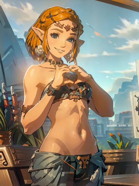 ((masterpiece)), ((best quality)), (detailed), perfect, solo, zelda, gorgeous woman, heart hands
own hands together, looking at viewer, breasts, indoors, bikini, grin