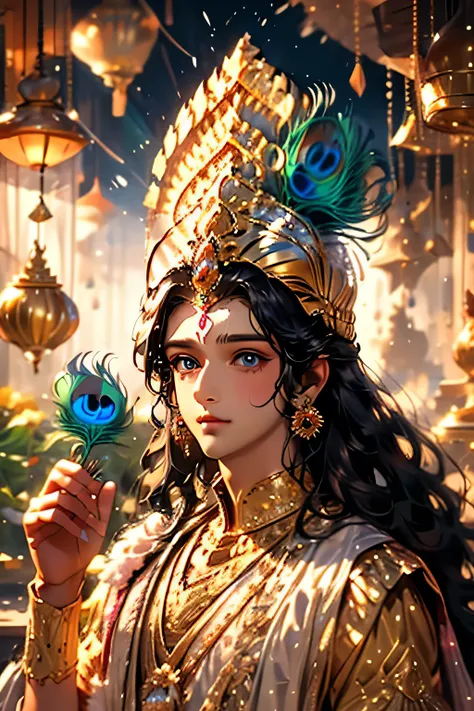 Lord Krishna, animated style, closeup shot, anime in a yellow indian dress, long black hair tied with peacock feathers, innocent expression, bright big blue eyes, holding a round crystal, natural beauty, vibrant colors, dreamy, northern light, pink bubble,...