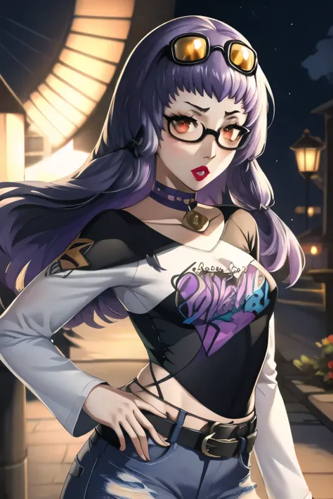 Lysitheawar, purple hair, 1girl, solo, standing, black t-shirt, white shirt, jeans, belt, lipstick, eyewear on head,