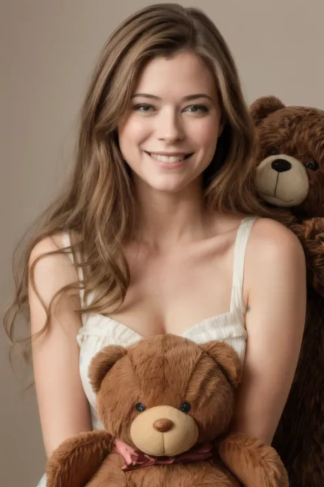 masterpiece, stunning closeup portrait photo of pytn, smiling,  (hugging a teddy Bear:1.15), solo   