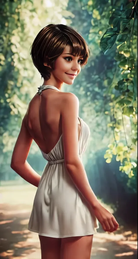 perfect accurate white teeth, very young girl, alisa, loose minidress, sexy dress, see-through transparent dress, perfect small breasts, (short brown hair:1.4), disheveled hair, (perfect light brown eyes:1.4), big brightness eyes, 16k, masterpiece, realist...