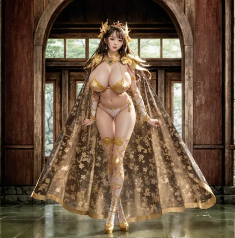 Anime style image of woman wearing sexy lingerie and cape, Full body fairy, Beautiful fantasy queen, She exhibits sexual arousal and intense desire，Transparent underwear，Sheer clothing，high-cut underwear，Huge breasts，girl，诱人的动漫girl, Hino Rei plays the prin...