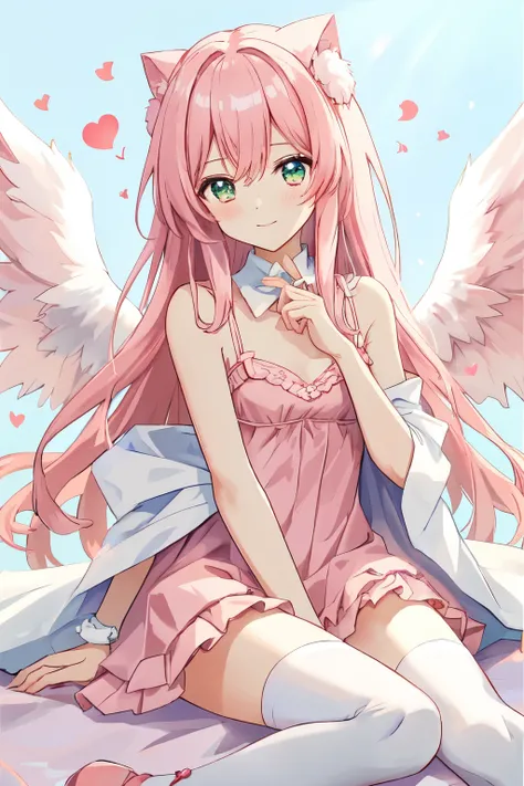1_girl, (anime, kawai:2), (masterpeice, best_quality, clean:1.5), (sky_background:1.2), (cute, cute_smile, wholesome, young:1.8), (delicate, extremely_delicate, beautiful, thin:1.5), (girlfriend, angel:1.8), (green_eyes, simple_eyes:1.8) (long_hair, blond_...