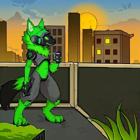 Cartoon illustration of a green monster, that runs down the street, an anthropomorphic cyberpunk fox, digital green fox, Fursona Furry Art Commission, stylized urban fantasy artwork, weirdcore voidpunk fursona, Fursona commission, standing on a roof, maste...