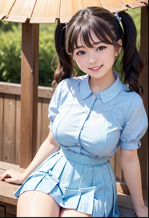 (Highest quality,masterpiece:1.3,Ultra-high resolution),(Very detailed、Caustics) (Realistic:1.4, RAW shooting、)Ultra-Realistic Capture、Very detailed、Natural skin texture、masterpiece、(A Japanese elementary school girl wearing a light blue blouse and pleated...