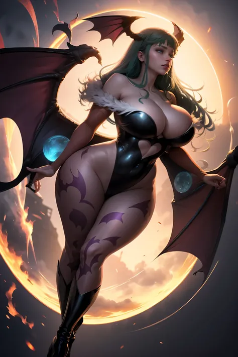 Beautiful Morrigan goddess of the night with big breasts and big hips against full moon and darkness 