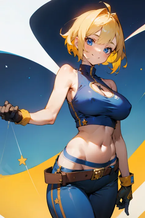 Cute girl, short yellow hair, blue eyes, smile, red tank top, big breasts, bare shoulders, exposed stomach, wide and wide brown belt, blue gloves, dark blue loose pants with a circle embroidered with a star in the middle with a white line.