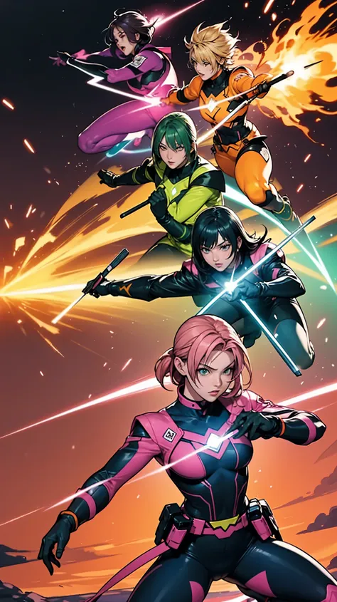 a brave and daring image of the six-man ranger team, each is decorated with the following vibrant colors:: neon pink, sunset ora...