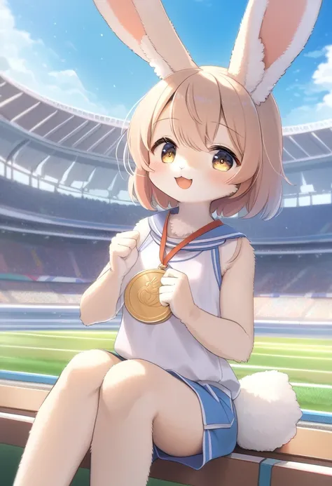 ((Masterpiece)), ((Best Quality)), (Very Detailed), ((Very Detailed)), 4K, (8K), very aesthetic, absurdres highres, 1 girl, (anthropomorphic Rabbit, furry, kemono:1.5), On a sunny day at the stadium, the Olympic symbol is raised, the seats are full, and th...