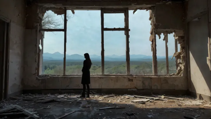 arafed woman standing in an abandoned building staring outside a window, standing in an abandoned building, in an abandoned and desolate house, standing in ruins, I looked at the big window, looking out of the window, staring outside a window, in an abando...