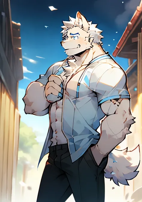 The only person，hairy，Human Biology，Male white dog，Silver Fur，Shirao，White ears，Blue Eyes Organization，male，Handsome，（动物耳朵hairy感觉），Standing，front，No clothes，No pants