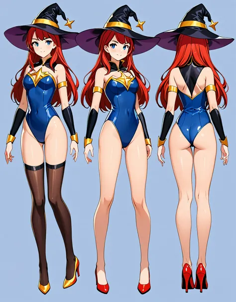 1girl, high school student, superhero, superhero sorceress witch, sky witch, (leotard, blue leotard with white accents, bare legs, blue thigh-highs, red high heels), witch hat, red hair, long hair, blue eyes, beautiful detailed eyes, beautiful detailed fac...