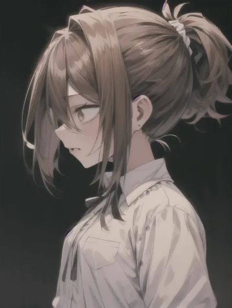 profile、From the side、(masterpiece, high quality:1.4), break,
One girl, Teen, alone,(Medium Hair:1.2), (Low Ponytail:1.25), Brown Hair, Hair between the eyes, Tight waist, Brown eyes, break,
White shirt