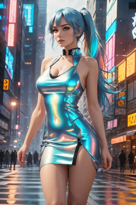 woman, blue hair, long hair, ponytail, crystal blue eyes, ((very large breasts)), cyberpunk city, ((iridescent minidress)), stan...