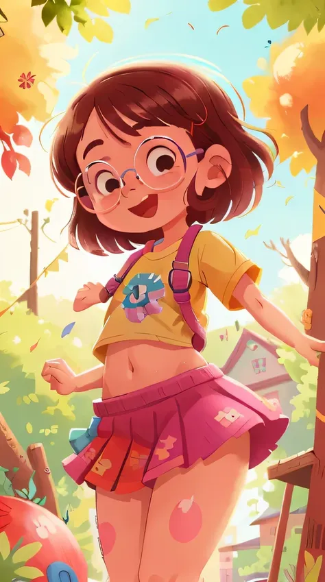 1 girl, young, school playground, cheerfulness，glasses, colourful clothes, midriff, navel, underboob, shirt, vibrant atmosphere,...