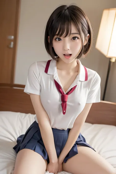 (Cute Japanese Girls), Sexy 18 year old girl, (The cutest faces), Thin chest, Thin thighs, short hair, On the bed, (((school uniform))), ((sexy pose)), (((expression in orgasm))), 