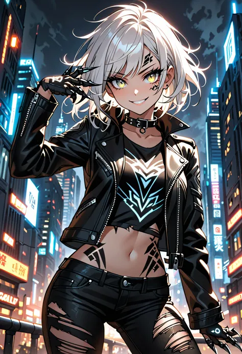 solo, female, close up, sfw, short messy white hair, silver eyes, tight torn black jeans, leather collar, leather jacket, bare midriff, piercing, small breasts, fun pose, metallic claws, confident smile, glowing tattoo, midriff, city, black mascara, confid...