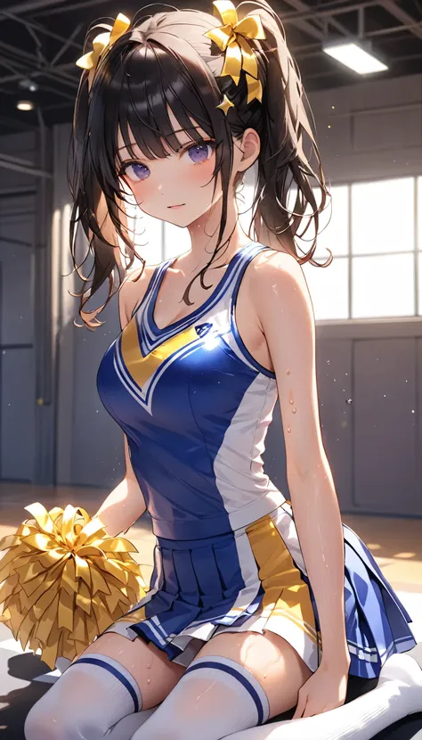 高いquality illustration, masterpiece, Very delicate and beautiful, Attractive girl,(Cheerleaderのコスチューム,Super mini pleated skirt,Knee-high socks、Underskirt),Sweaty,thin,Slender body,slim,high school girl,Dimly lit gymnasium warehouse、Sit on the mat、Secret se...