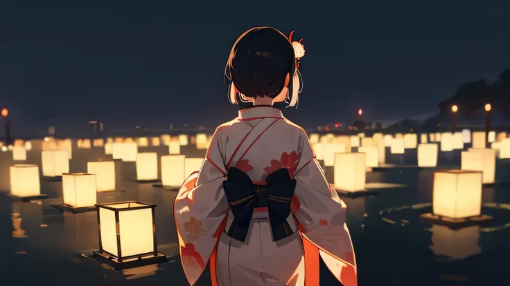 Lantern festival, kimono, smile, Japanese girl, back view