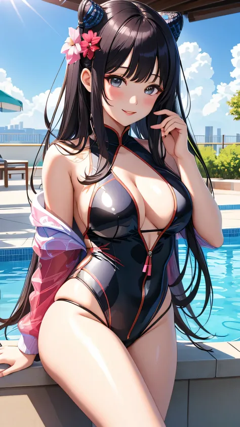 best quality, 1girl, masterpiece ultra detailed, illustration, yang guifei, glossy lips, pool, standing, (swimsuit), light smile