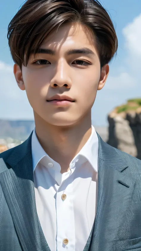 Highest quality, masterpiece, Ultra-high resolution, (Realistic: 1.4), Original photo, wallpaper, Head Photo, skin, Simple Background, Iris, detailed, Selfie, 1 boy, 18-year-old, good looking, Wind,Rocky area、suit