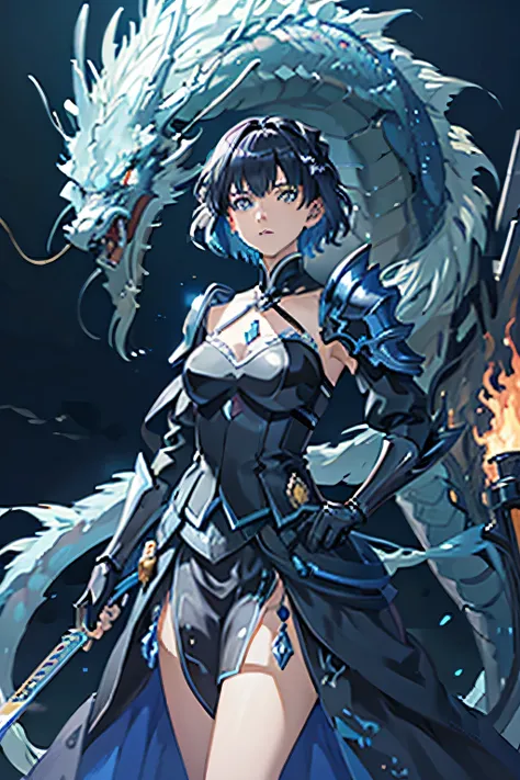 short black hair with neon blue highlights, short hair anime girl with a dragon and a sword in front of a fire, light novel cover art, epic light novel cover art, with scaly-looking armor, human and dragon fusion, Anime girl carrying katana, anime, hair is...