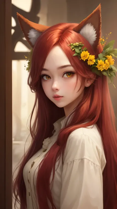 ((Best quality)), ((masterpiece)), (detailed), 1 girl, cute girl. Wolf ears on head. long red hair. yellow eyes. Jasmine wreath