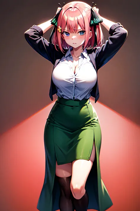 masterpiece, best quality, highres, Nakano nino, 1girl, solo, pink hair, short hair, busty, butterfly hair ornament, large breasts, cleavage, green skirt, white shirt, collared shirt, open clothes, black thighhighs, short sleeves, skirt lift, looking at vi...