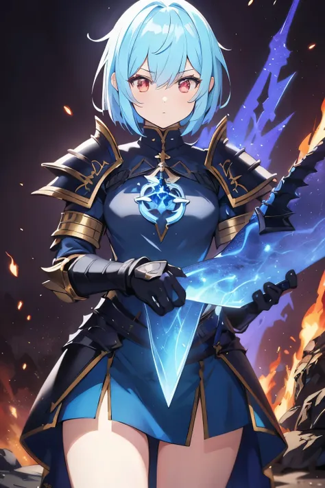 short hair anime girl with a dragon and a sword in front of a fire, light novel cover art, epic light novel cover art, with scaly-looking armor, human and dragon fusion, Anime girl carrying katana, anime, short black hair with neon blue highlights, hair is...