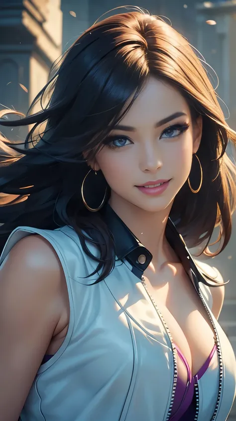 (best quality,ultra-detailed,photo-realistic:1.37),bright and vibrant colors,studio lighting,playful expression,stylish makeup, White Leather Vest, hair flowing in the wind,alluring eyes,glossy lips,sexy pose, smiling in a confident and seductive way,posin...