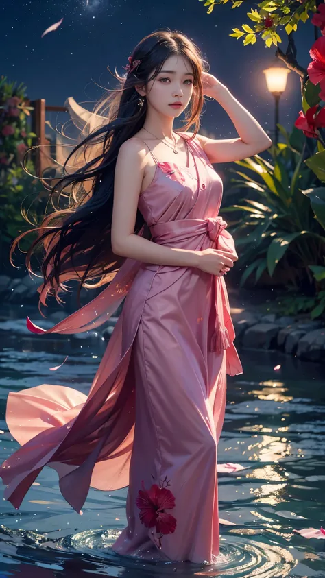 hibiscus Moon with water drops，neonlight，Random background，sunraise，bokha mood，A girl with long flowing hair，The petals fall in the wind，Nikon photo effect