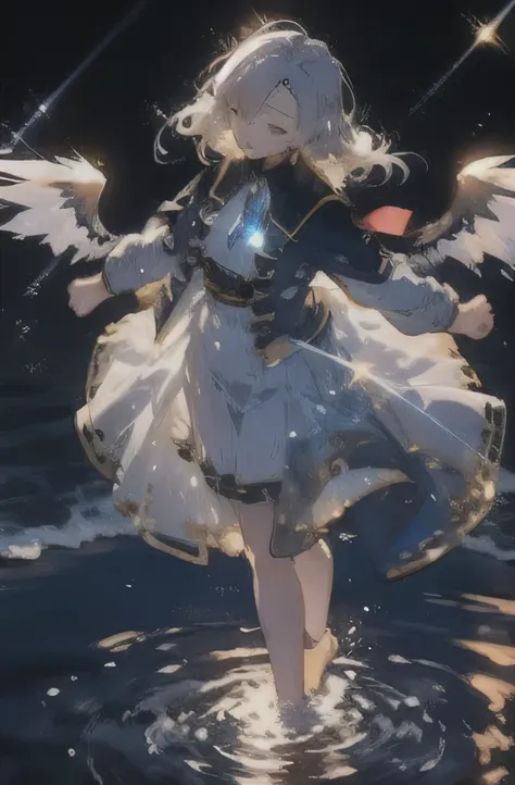 One girl,Shine,Silk dress,See through,elegant,sloth,Wind,Floating Hair,Gray Hair,night,spinning,Dynamic pose,Dynamic Angle,necklace,gem,Glitter,whole body,Shine wings,From above,ripple,Stand on liquid,Water Drop