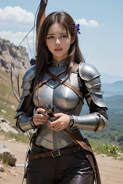 8k,A female adventurer from another world、((Girl in leather armor:1.4))、((Woman with long brown hair:1.4))、blue eyes、((Woman shooting with a crossbow:1.5))、((Brown combat trousers:1.4))、Dagger on hip,Walking in mountainous areas,Perfect Face,Perfect hand s...